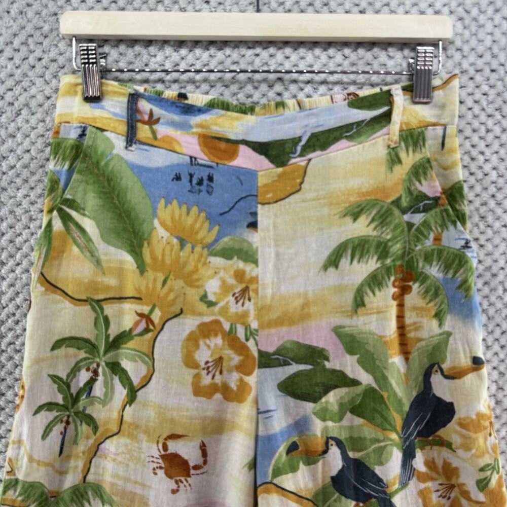 Rachel Zoe Pants S Yellow Linen Tropical Novelty Print PullOn High Rise Wide Leg - Picture 3 of 15